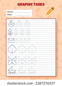 Drawing by cells. Educational game for preschool children. Worksheets for practicing logic and motor skills. Game for kids. Graphic tasks with different objects and elements. Vector illustration