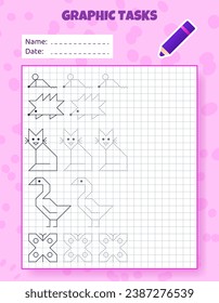 Drawing by cells. Educational game for preschool children. Worksheets for practicing logic and motor skills. Game for kids. Graphic tasks with different objects and elements. Vector illustration