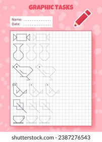 Drawing by cells. Educational game for preschool children. Worksheets for practicing logic and motor skills. Game for kids. Graphic tasks with different objects and elements. Vector illustration