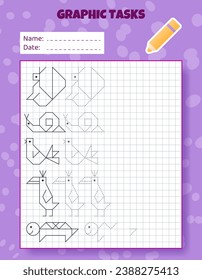 Drawing by cells. Educational game for preschool children. Worksheets for practicing logic and motor skills. Game for kids. Graphic tasks with different objects and elements. Vector illustration