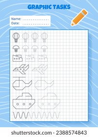 Dibujo por celdas. Juego educativo para niños de preescolar. Hojas de trabajo para practicar la lógica y las habilidades motoras. Juego para niños. Tareas gráficas con diferentes objetos y elementos. Ilustración del vector