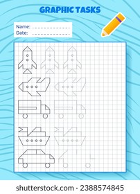 Drawing by cells. Educational game for preschool children. Worksheets for practicing logic and motor skills. Game for kids. Graphic tasks with different objects and elements. Vector illustration