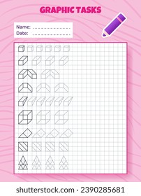 Dibujo por celdas. Juego educativo para niños de preescolar. Hojas de trabajo para practicar la lógica y las habilidades motoras. Juego para niños. Tareas gráficas con diferentes objetos y elementos. Ilustración del vector