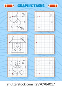 Drawing by cells. Educational game for preschool children. Worksheets for practicing logic and motor skills. Game for kids. Graphic tasks with different objects and elements. Vector illustration