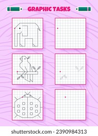 Drawing by cells. Educational game for preschool children. Worksheets for practicing logic and motor skills. Game for kids. Graphic tasks with elephant, parrot, ladybug. Vector illustration