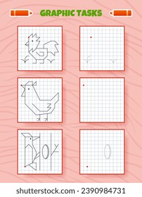 Drawing by cells. Educational game for preschool children. Worksheets for practicing logic and motor skills. Game for kids. Graphic tasks with birds. Vector illustration