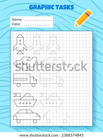 Drawing by cells. Educational game for preschool children. Worksheets for practicing logic and motor skills. Game for kids. Graphic tasks with different objects and elements. Vector illustration