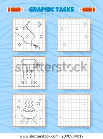 Drawing by cells. Educational game for preschool children. Worksheets for practicing logic and motor skills. Game for kids. Graphic tasks with different objects and elements. Vector illustration