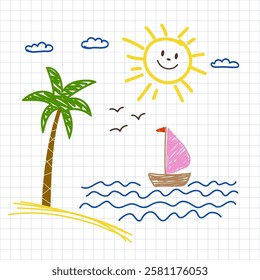 drawing by a child's hand, seascape, sailboat, palm tree, sun, clouds. Sketch on a squared notebook sheet