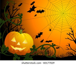 Drawing by day halloween with a pumpkin, a web and bats
