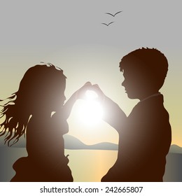 Drawing by hand with a brush. children, love, sun