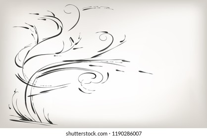 Drawing by hand, brush nature and plants, black and white background, gray and light colors