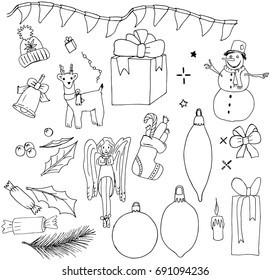 Drawing by hand dark and white windy illustration for the holiday of Christmas and the new year. It is universally used in templates, postcards, patterns.