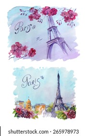 drawing by hand on wright paper beautiful background with Paris. Watercolor illustration with Eiffel Tower, view of the city with high and many beautiful flowers. inscription by hand. vector