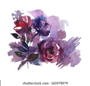 drawing by hand on wright paper beautiful watercolor background bouquet of roses, flowers. Greeting card with flowers