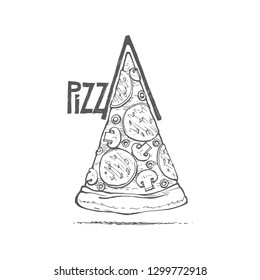 drawing by hand pizza, a slice of pizza with mushrooms and sausage, sketch, vector image