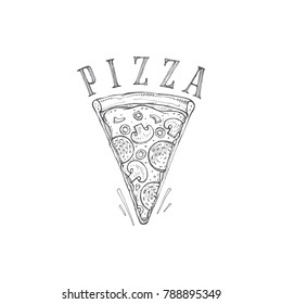 drawing by hand pizza, a slice of pizza with mushrooms and sausage, sketch, vector image