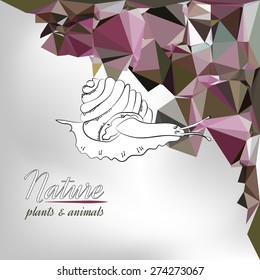 Drawing by hand a snail on the plant background of triangles.
Spring background.
