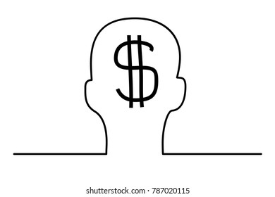 Drawing by a line. The head of a person is anaphase. Thoughts about money. White background. Vector. Answers on questions. Application. Site. Icon.