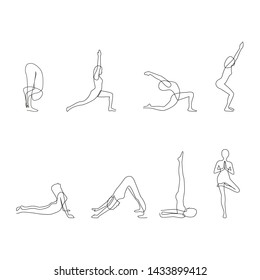 Drawing by one line set of various yoga pose training. Can be used on banner or web. Vector illustration isolated on white background.