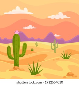 Drawing Cactus in desert with mountains sunset background