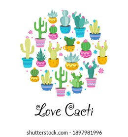 Drawing Cactus Love Cacti in circle on white