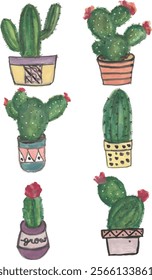 a drawing of cactus and a pot of flowers.