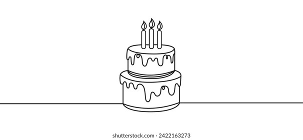 Drawing of cake with single continuous line. Sweet pastries. Concept for cafe, bakery, cake shop. Color illustration. Isolated.