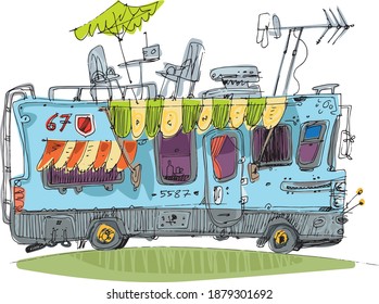 A drawing of camper van with different facilities and fit roof. Caricature handmade sketch of motorhome. Cartoon.