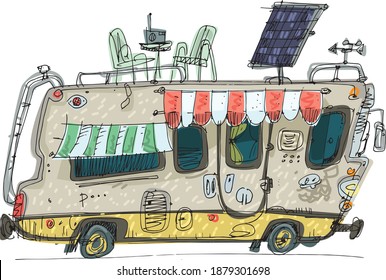 A drawing of camper van with different facilities and fit roof. Caricature handmade sketch of motorhome. Cartoon.