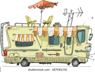 A drawing of camper van with different facilities and fit roof. Caricature handmade sketch of motorhome. Cartoon.