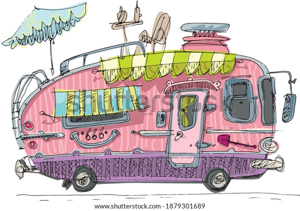 A\
drawing of camper van with different facilities and fit roof.\
Caricature handmade sketch of motorhome.\
Cartoon.