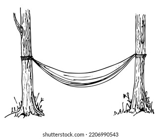 Drawing of camping Hammock. Vector hand drawn illustration for summer travel. Sketch on white isolated background