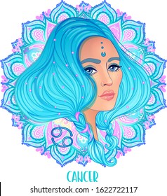 Drawing of Cancer astrological sign as a beautiful girl over ornate mandala pattern. Zodiac vector illustration isolated on white. Future telling, horoscope, alchemy, fashion woman.