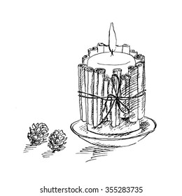 Drawing candles decorated with cinnamon sticks.