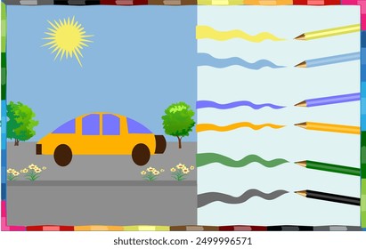 Drawing a car with colored pencils. Framed painting. Vector illustration.