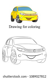 Drawing of the car for coloring. Merry car. Vector illustration.