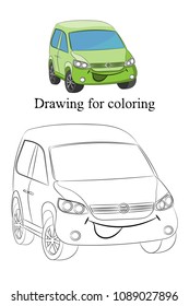 Drawing of the car for coloring. Merry car. Vector illustration.