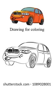 Drawing of the car for coloring. Merry car. Vector illustration.