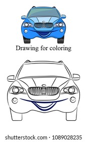 Drawing of the car for coloring. Merry car. Vector illustration.