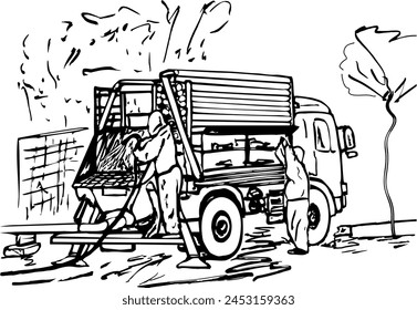 Drawing of a car with a concrete pump and pipes on a platform. Workers are engaged in maintenance and rinsing with water the receiving hopper of the concrete pump. A sketch made by hand