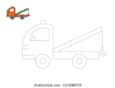 Drawing a car in a dashed line. Tow truck. Cartoon.