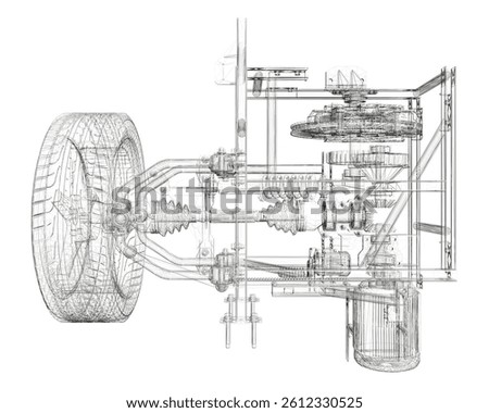 A drawing of a car engine with a lot of detail. The engine is a complex piece of machinery with many parts. The drawing is in black and white and has a very realistic look to it