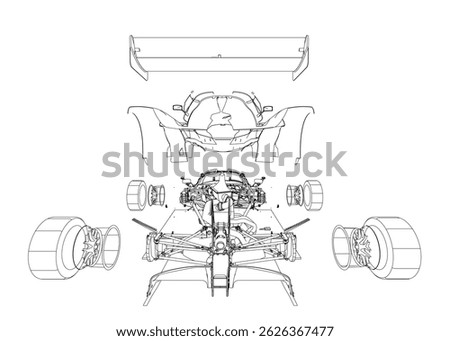 A drawing of a car engine with the parts labeled. The drawing is in black and white and the engine is shown in detail