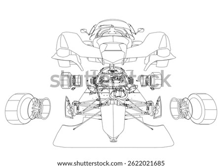 A drawing of a car with the engine and wheels visible. The drawing is in black and white. The car is taken apart
