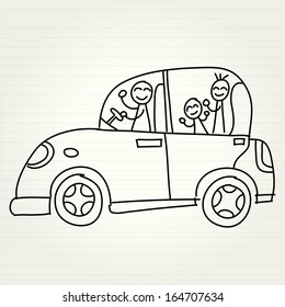 Drawing of car with family