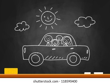 Drawing of car with family on blackboard