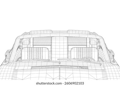 A drawing of a car interior. Front view. 3D