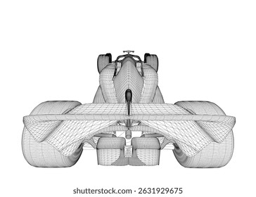 A drawing of a car with a large wheel on the back. The car is white and has a black stripe. Back view. 3D