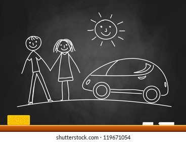Drawing of car on blackboard